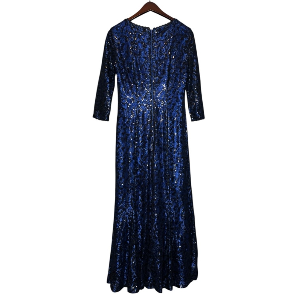 Tahari ASL Blue Black Sequin Embellished Lace Flare Floral Gown Size 6 Formal - Picture 2 of 5